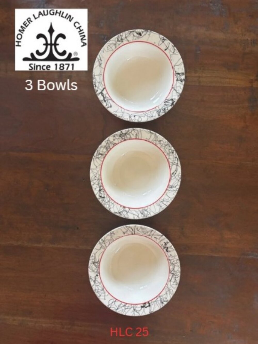 Homer Laughlin Bowls - Red Inner Band Black Border Design